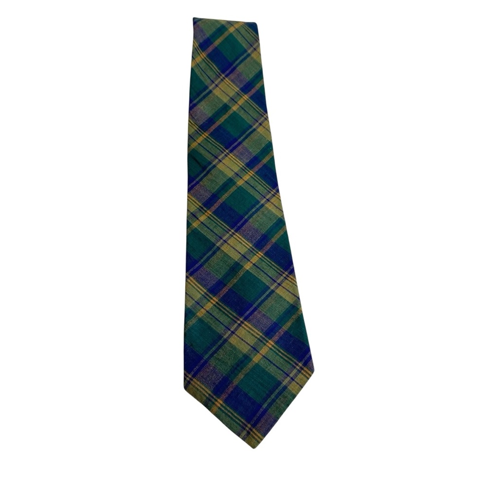 GAP Vintage Plaid Madras Tie in Green Blue and Yellow Fall Plaid Tie Preppy - Picture 4 of 10